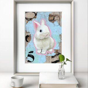 Lucky Bunny Art Print 5x7 – White Rabbit Wall Decor, Modern Animal Art, Unframed